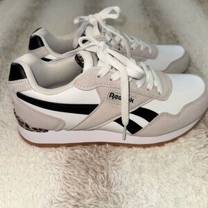 NEW! Reebok Classic Women's White and Black Sneakers with Leopard Print